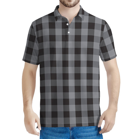 Grey And Black Check Pattern Print Men's Polo Shirt