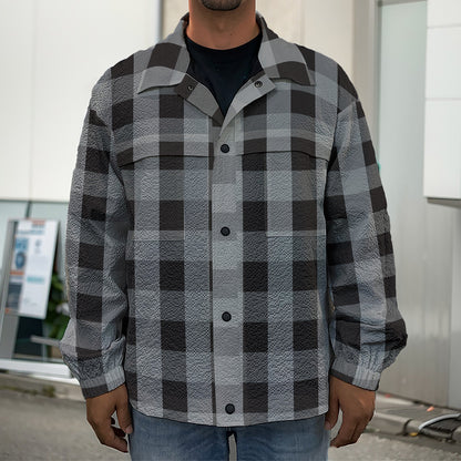 Grey And Black Check Pattern Print Men's Shirt Jacket