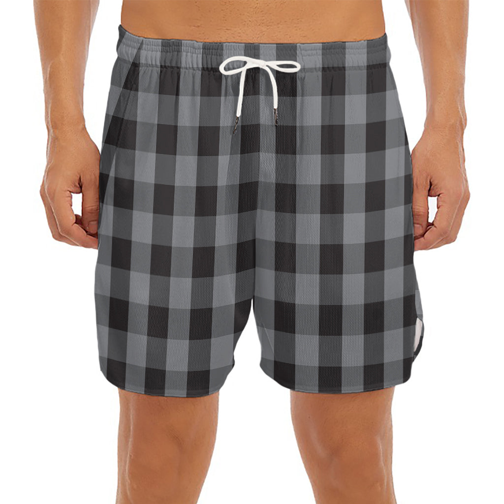 Grey And Black Check Pattern Print Men's Split Running Shorts