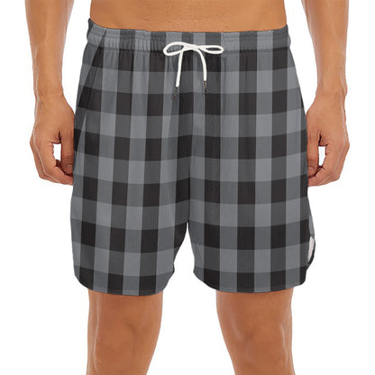 Grey And Black Check Pattern Print Men's Split Running Shorts