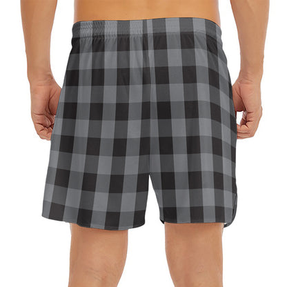Grey And Black Check Pattern Print Men's Split Running Shorts