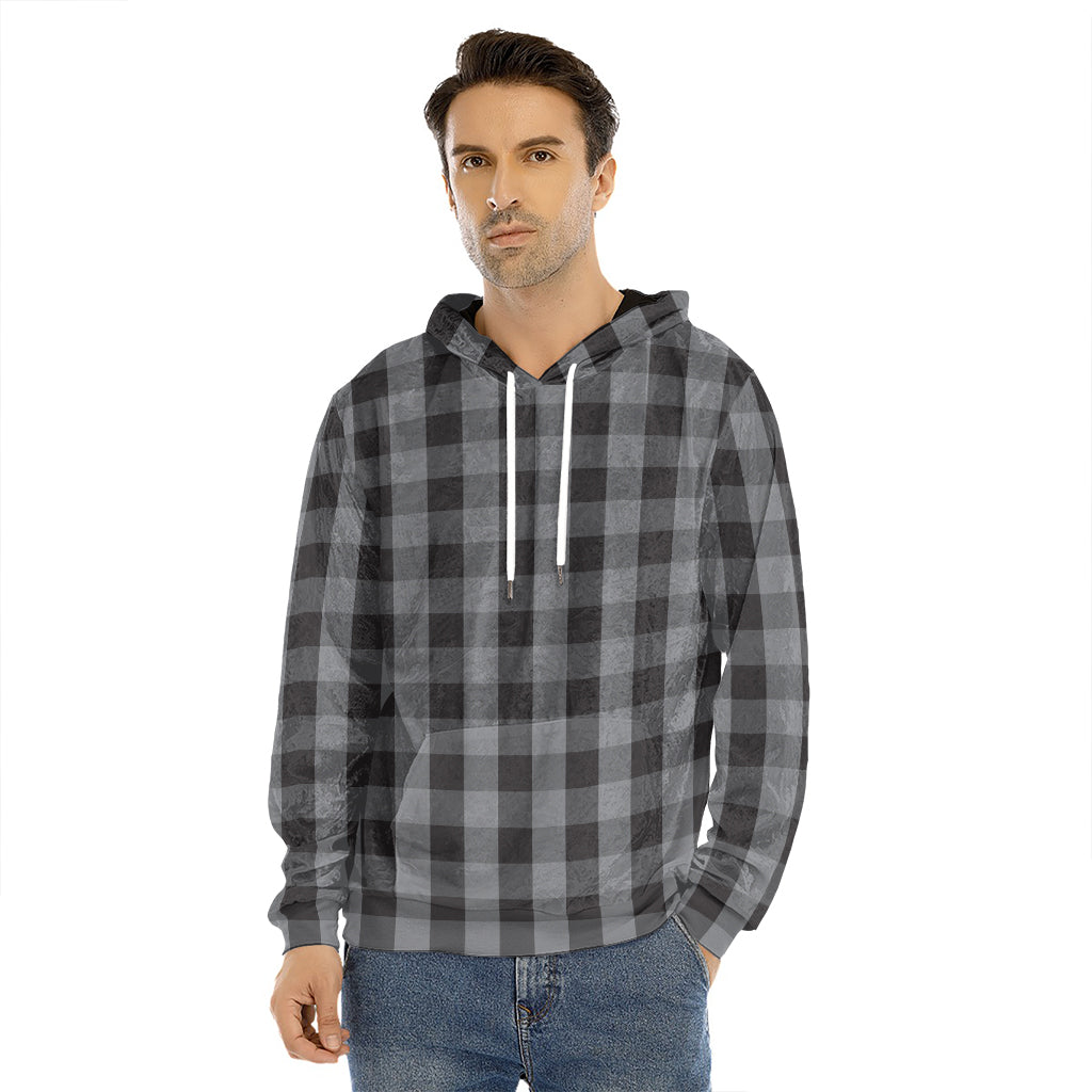 Grey And Black Check Pattern Print Men's Velvet Pullover Hoodie