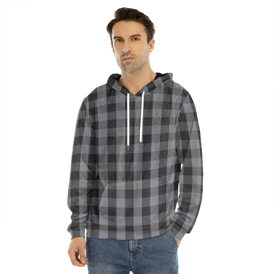 Grey And Black Check Pattern Print Men's Velvet Pullover Hoodie