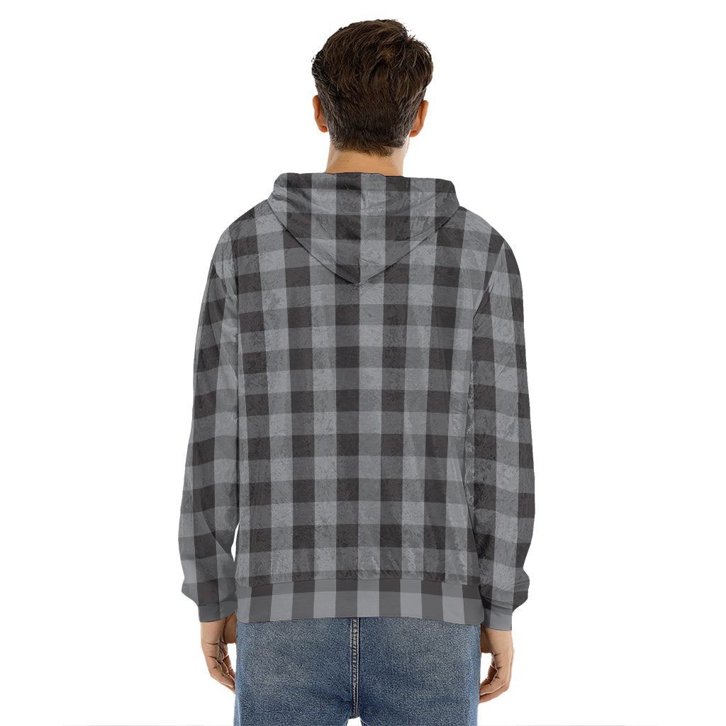 Grey And Black Check Pattern Print Men's Velvet Pullover Hoodie