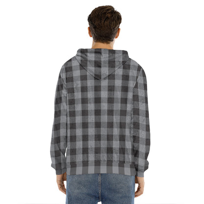 Grey And Black Check Pattern Print Men's Velvet Pullover Hoodie