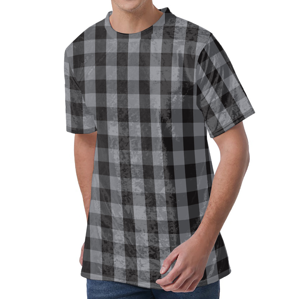 Grey And Black Check Pattern Print Men's Velvet T-Shirt