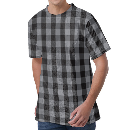 Grey And Black Check Pattern Print Men's Velvet T-Shirt