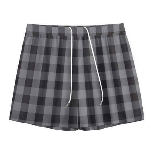 Grey And Black Check Pattern Print Mesh Shorts
