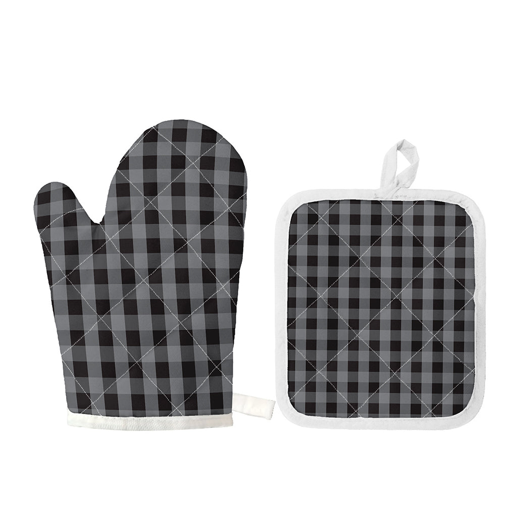 Grey And Black Check Pattern Print Oven Mitt And Pot Holder Set