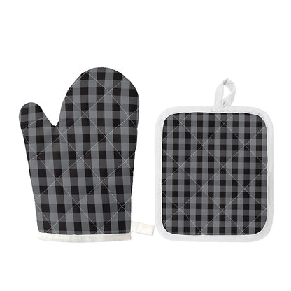 Grey And Black Check Pattern Print Oven Mitt And Pot Holder Set