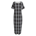 Grey And Black Check Pattern Print Short Sleeve Long Nightdress