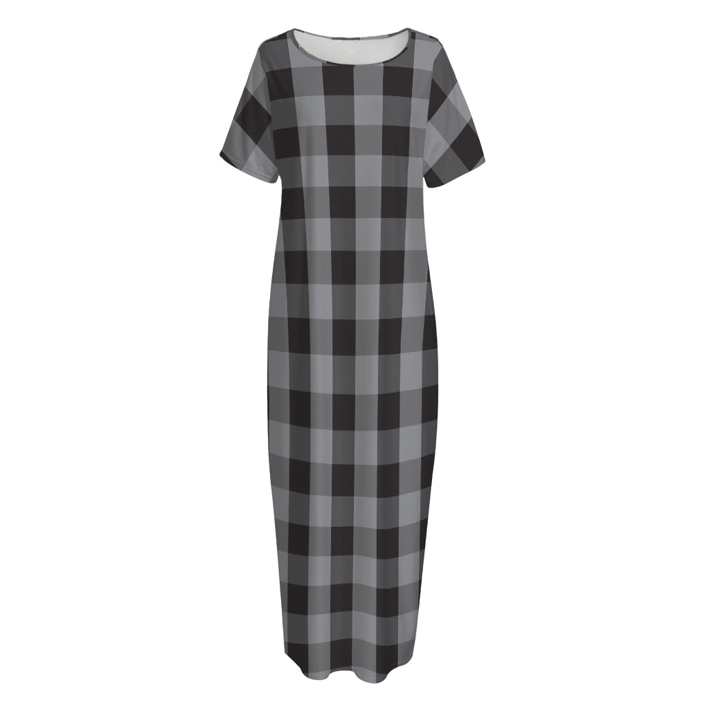 Grey And Black Check Pattern Print Short Sleeve Long Nightdress