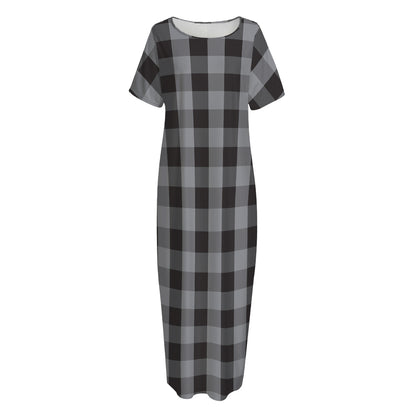 Grey And Black Check Pattern Print Short Sleeve Long Nightdress