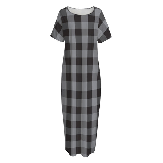 Grey And Black Check Pattern Print Short Sleeve Long Nightdress