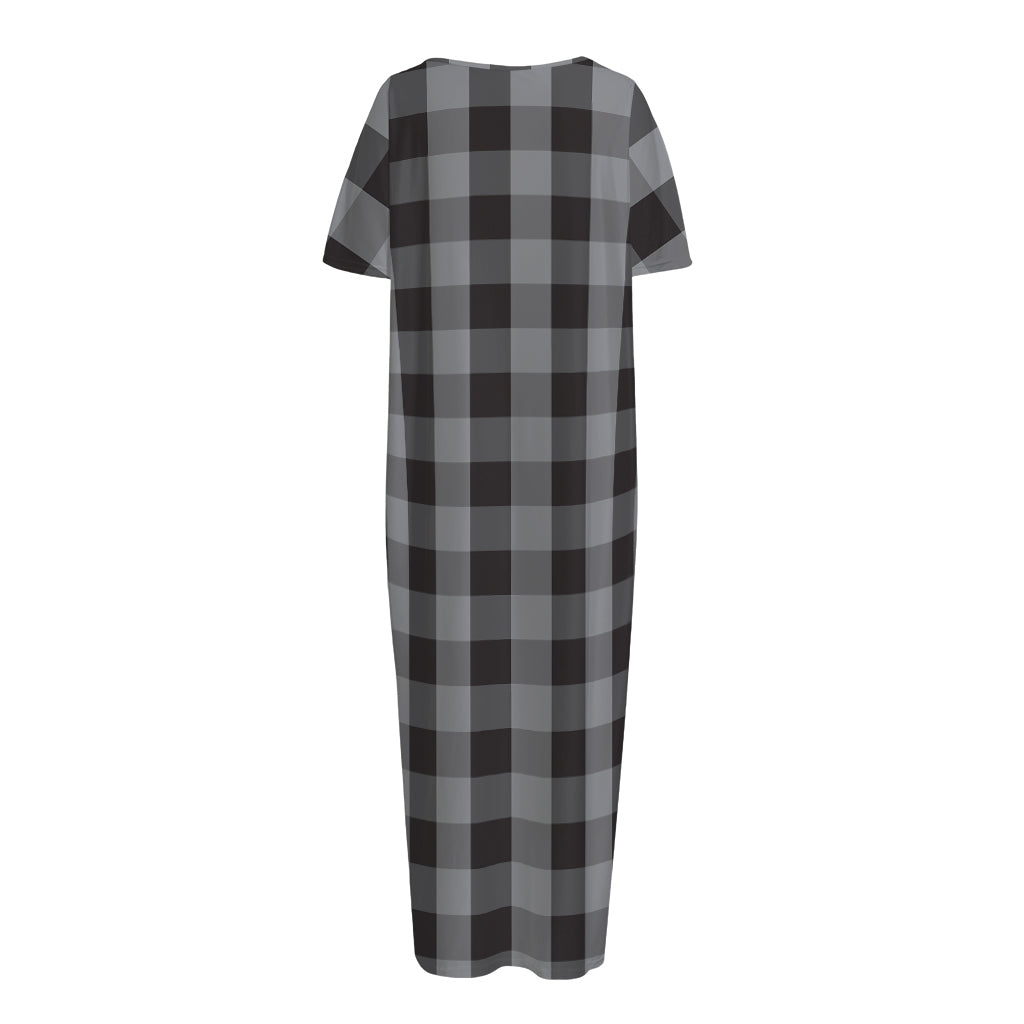 Grey And Black Check Pattern Print Short Sleeve Long Nightdress