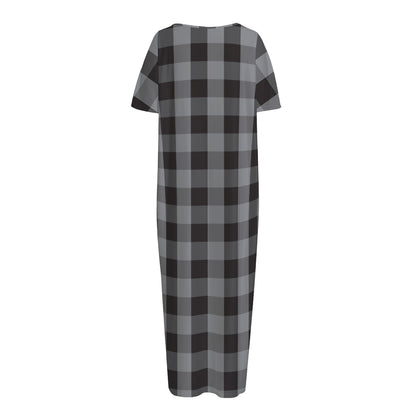 Grey And Black Check Pattern Print Short Sleeve Long Nightdress