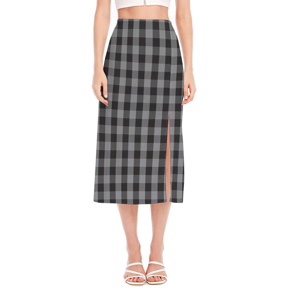 Grey And Black Check Pattern Print Side Slit Midi Skirt