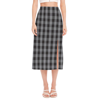 Grey And Black Check Pattern Print Side Slit Midi Skirt