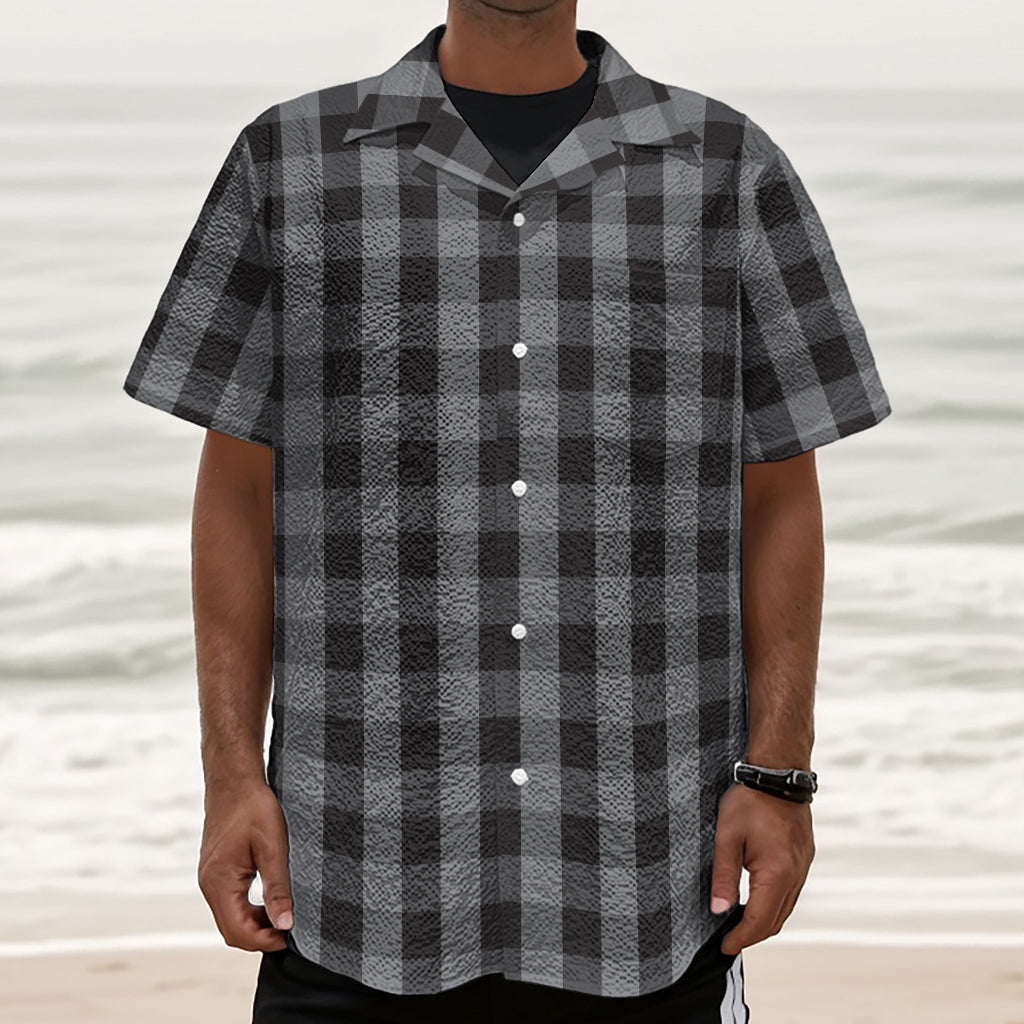 Grey And Black Check Pattern Print Textured Short Sleeve Shirt