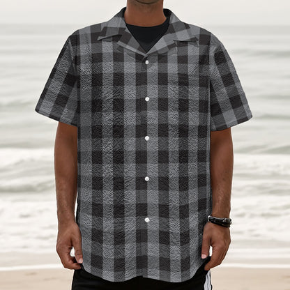 Grey And Black Check Pattern Print Textured Short Sleeve Shirt