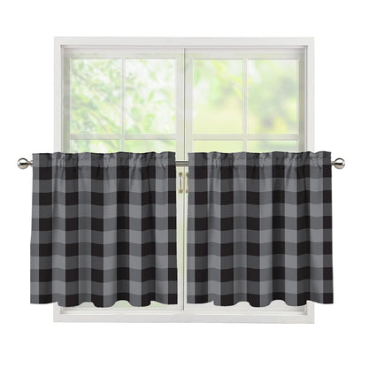 Grey And Black Check Pattern Print Tier Curtains