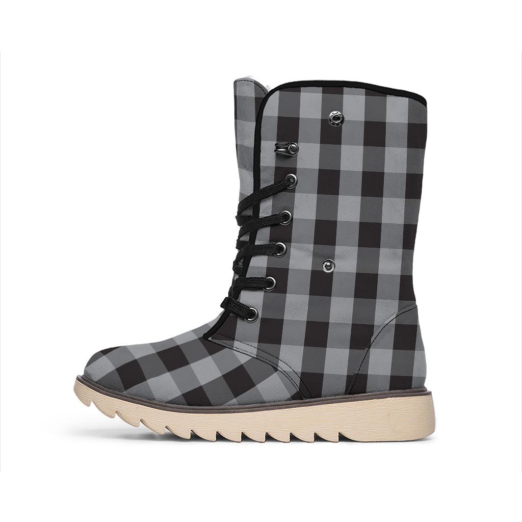 Grey And Black Check Pattern Print Winter Boots