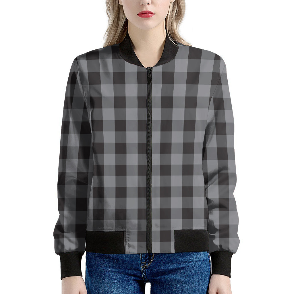 Grey And Black Check Pattern Print Women's Bomber Jacket
