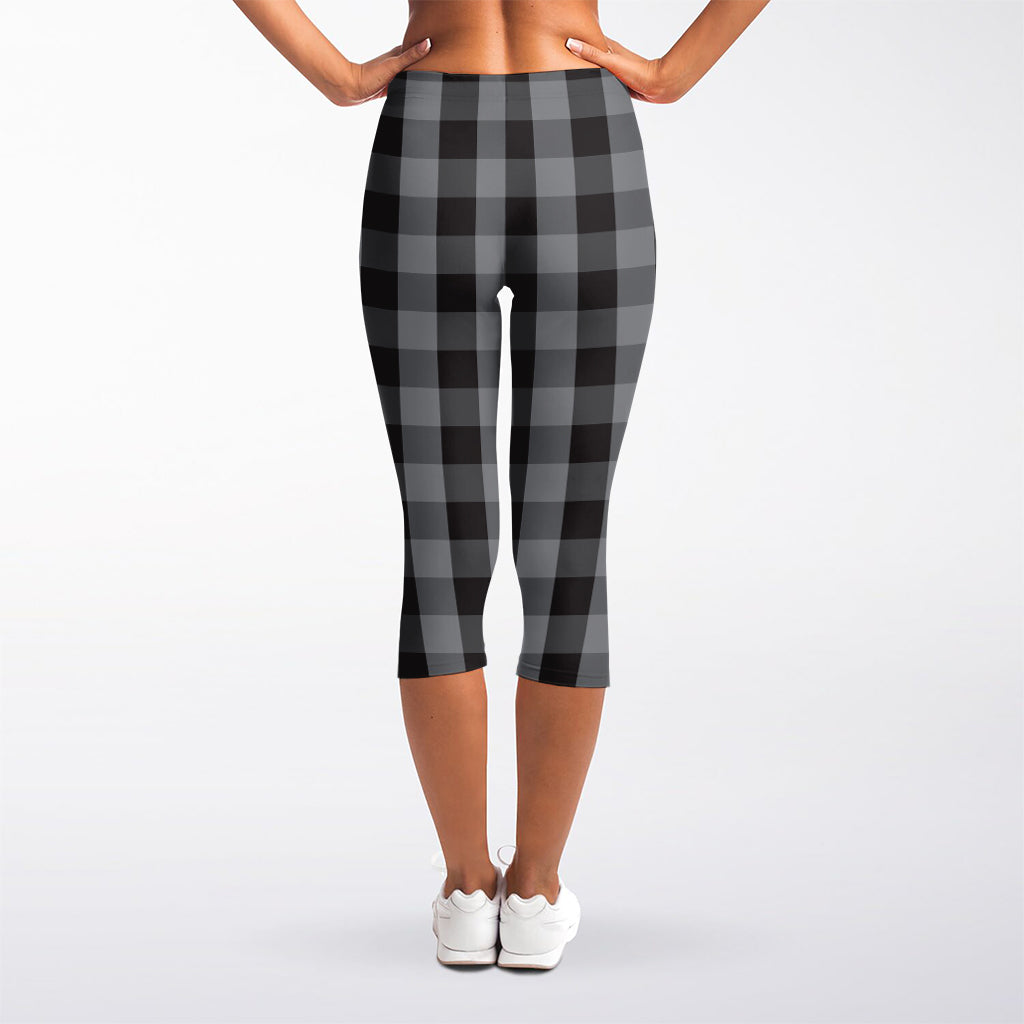 Grey And Black Check Pattern Print Women's Capri Leggings