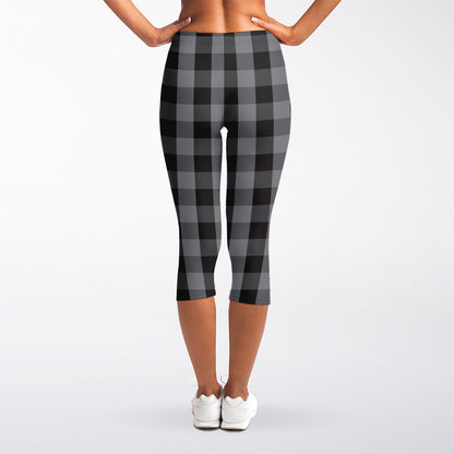 Grey And Black Check Pattern Print Women's Capri Leggings