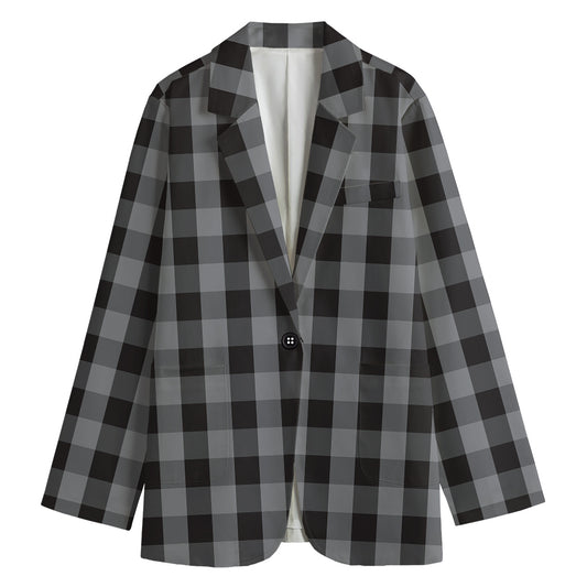 Grey And Black Check Pattern Print Women's Cotton Blazer