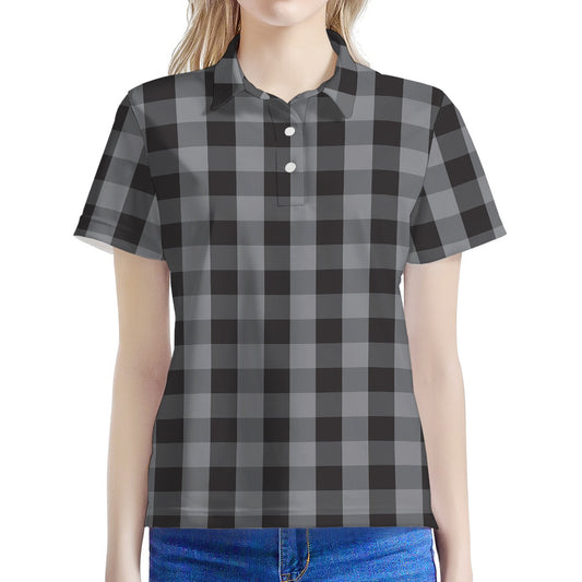 Grey And Black Check Pattern Print Women's Polo Shirt