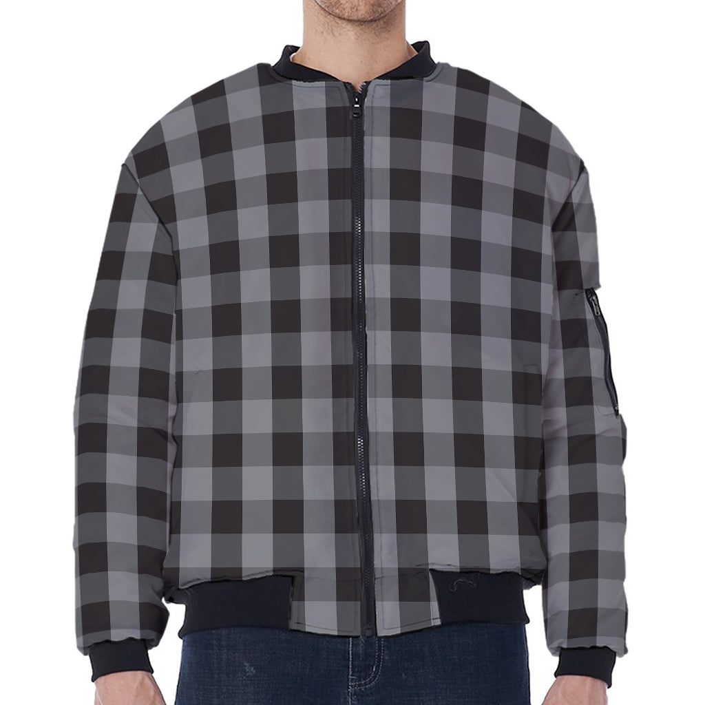 Grey And Black Check Pattern Print Zip Sleeve Bomber Jacket
