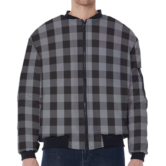 Grey And Black Check Pattern Print Zip Sleeve Bomber Jacket