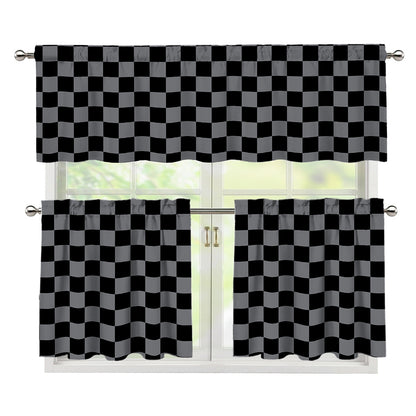 Grey And Black Checkered Pattern Print 3 Piece Kitchen Curtains
