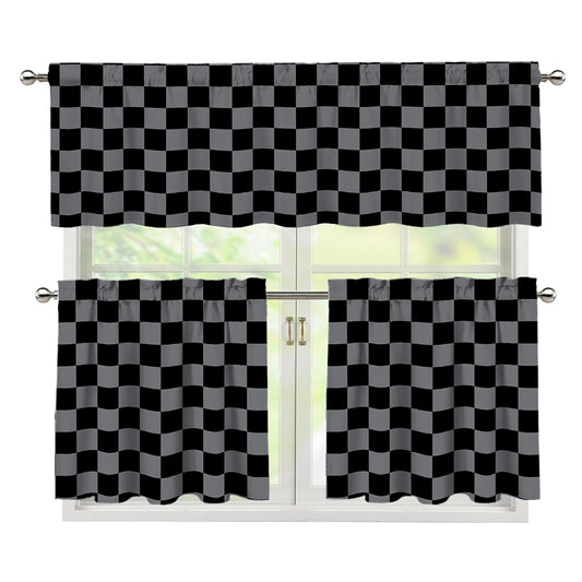 Grey And Black Checkered Pattern Print 3 Piece Kitchen Curtains