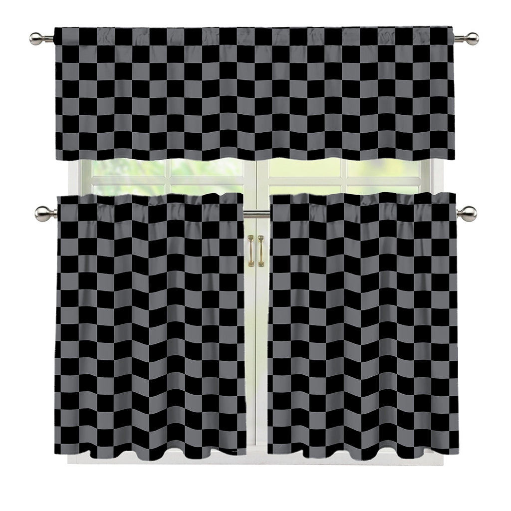 Grey And Black Checkered Pattern Print 3 Piece Kitchen Curtains