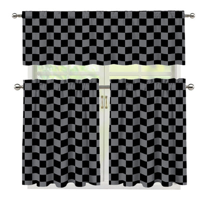 Grey And Black Checkered Pattern Print 3 Piece Kitchen Curtains