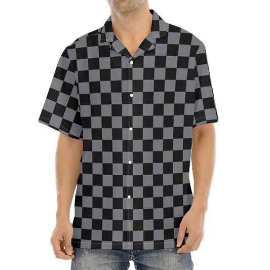 Grey And Black Checkered Pattern Print Aloha Shirt