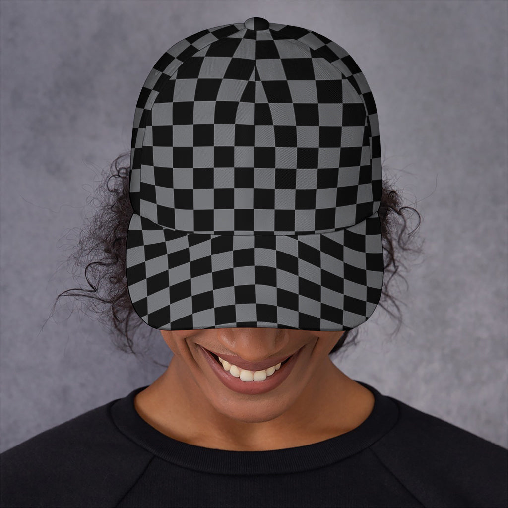 Grey And Black Checkered Pattern Print Baseball Cap