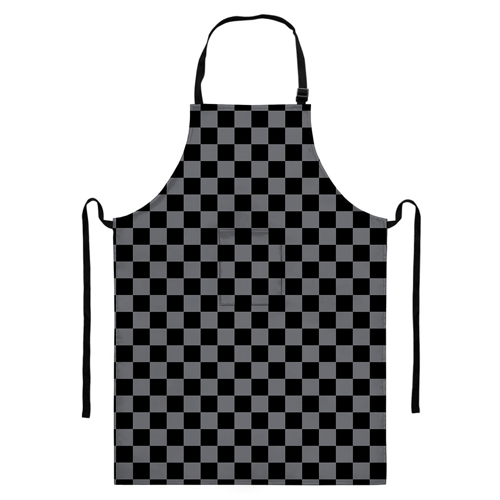 Grey And Black Checkered Pattern Print Bib Apron With Pocket