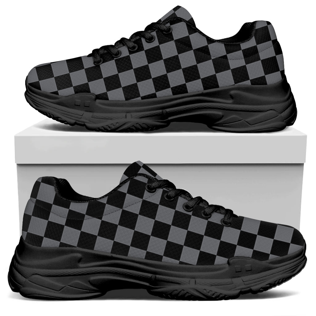 Grey And Black Checkered Pattern Print Black Chunky Shoes