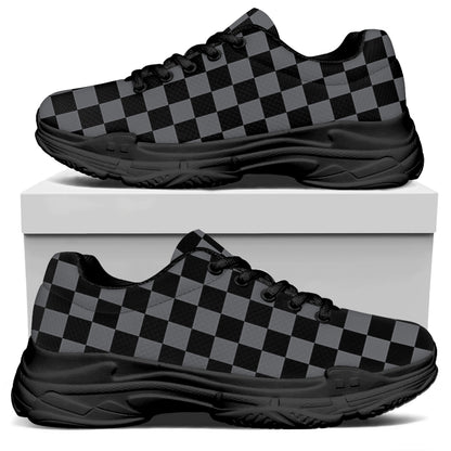 Grey And Black Checkered Pattern Print Black Chunky Shoes