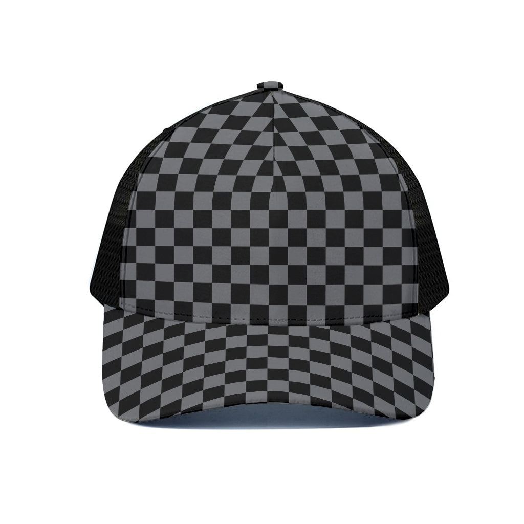 Grey And Black Checkered Pattern Print Black Mesh Trucker Cap