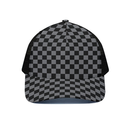 Grey And Black Checkered Pattern Print Black Mesh Trucker Cap
