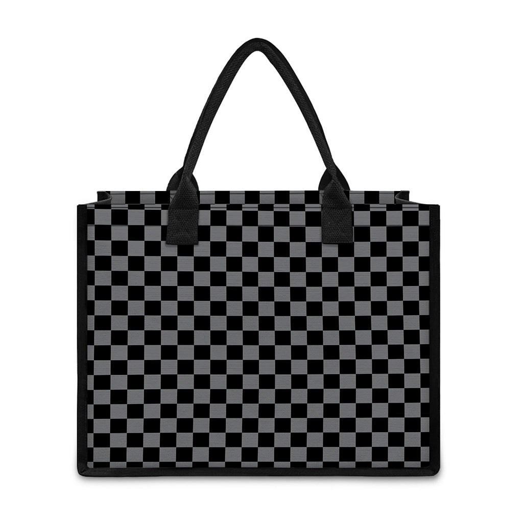 Grey And Black Checkered Pattern Print Canvas Tote Bag