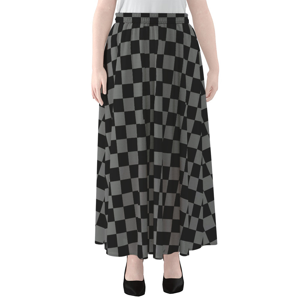Grey And Black Checkered Pattern Print Chiffon Maxi Skirt