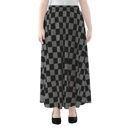 Grey And Black Checkered Pattern Print Chiffon Maxi Skirt