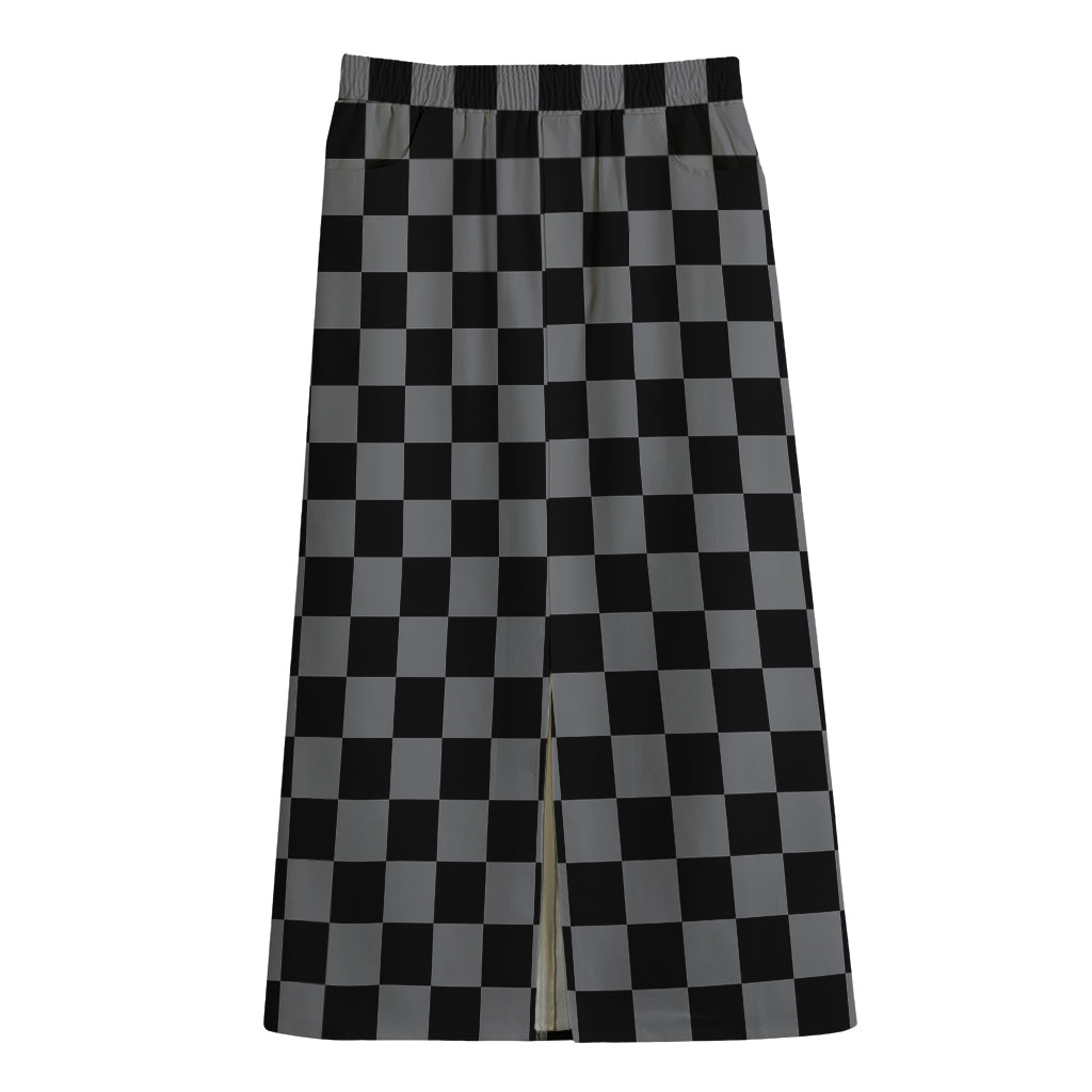 Grey And Black Checkered Pattern Print Cotton Front Slit Maxi Skirt