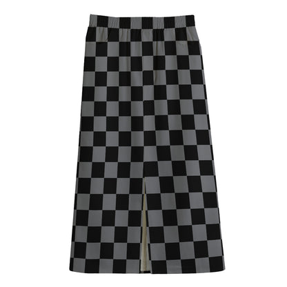 Grey And Black Checkered Pattern Print Cotton Front Slit Maxi Skirt