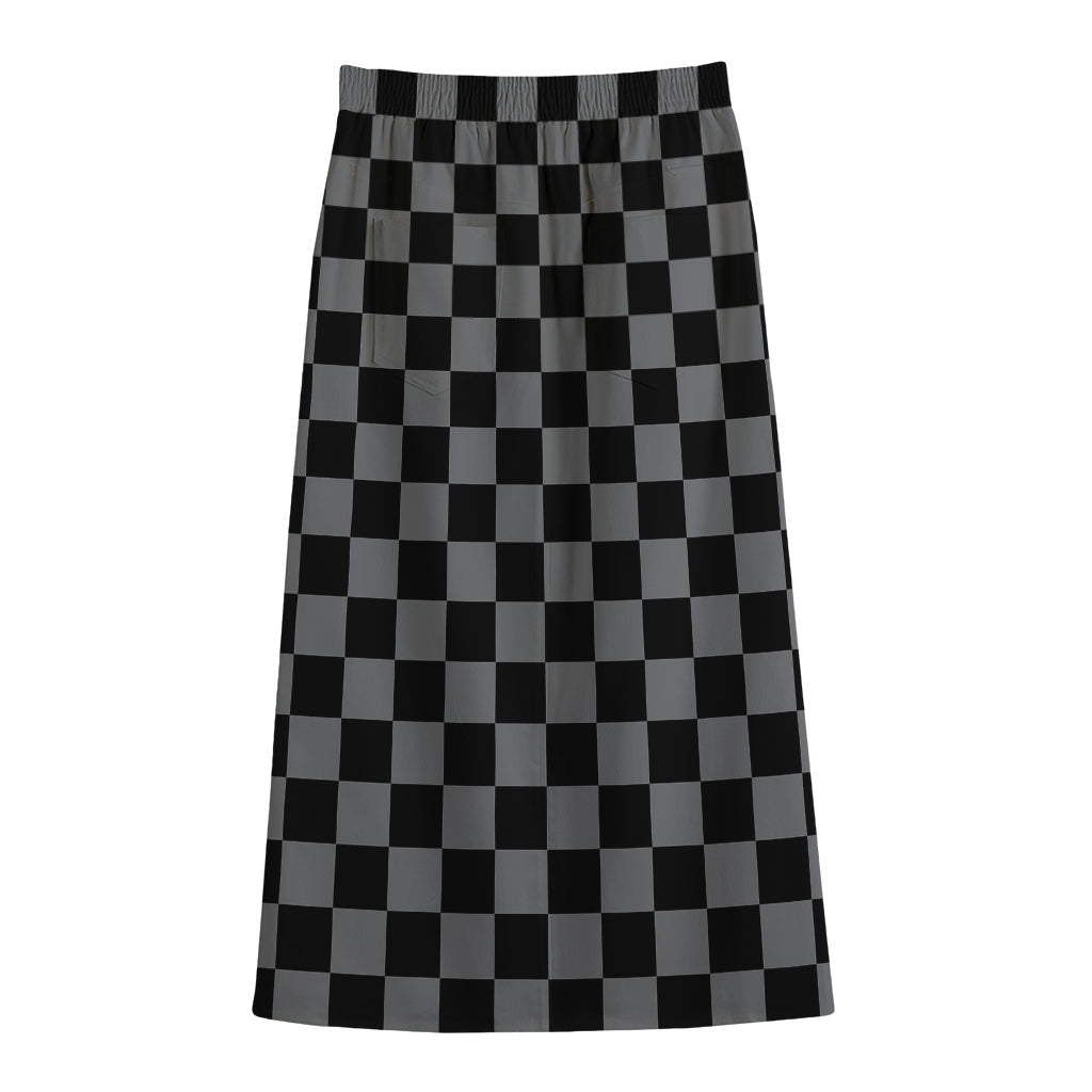 Grey And Black Checkered Pattern Print Cotton Front Slit Maxi Skirt